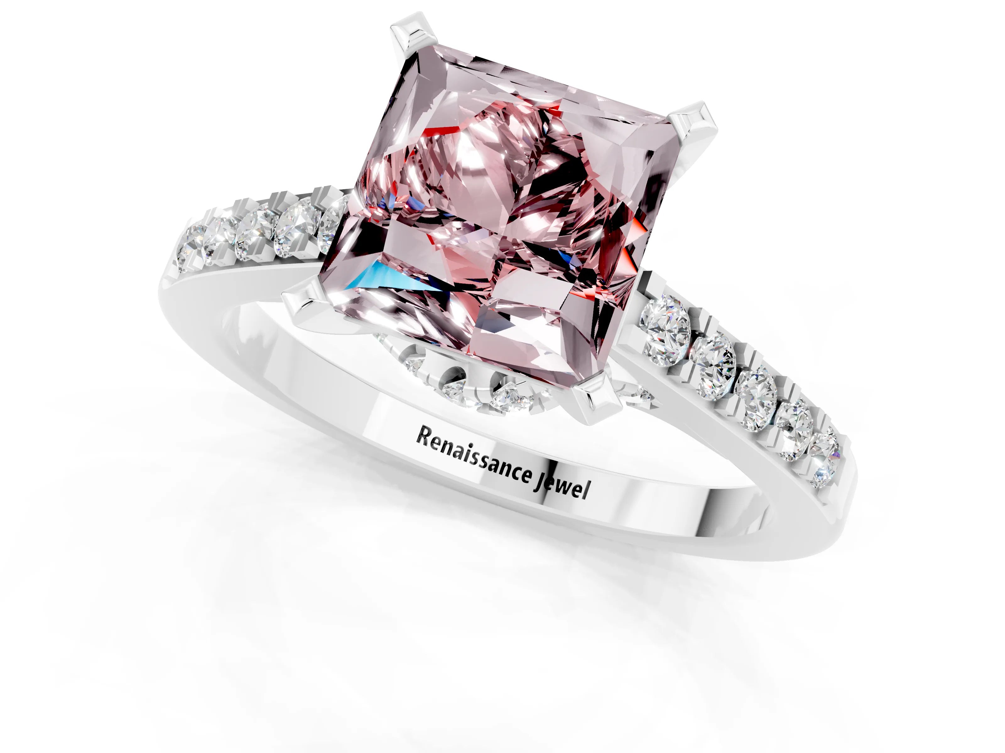 White gold Princess Cut Diamond Solitaire Ring with Pavé Band and Prong Setting_13