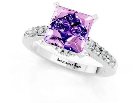 White gold Princess Cut Diamond Solitaire Ring with Pavé Band and Prong Setting_13