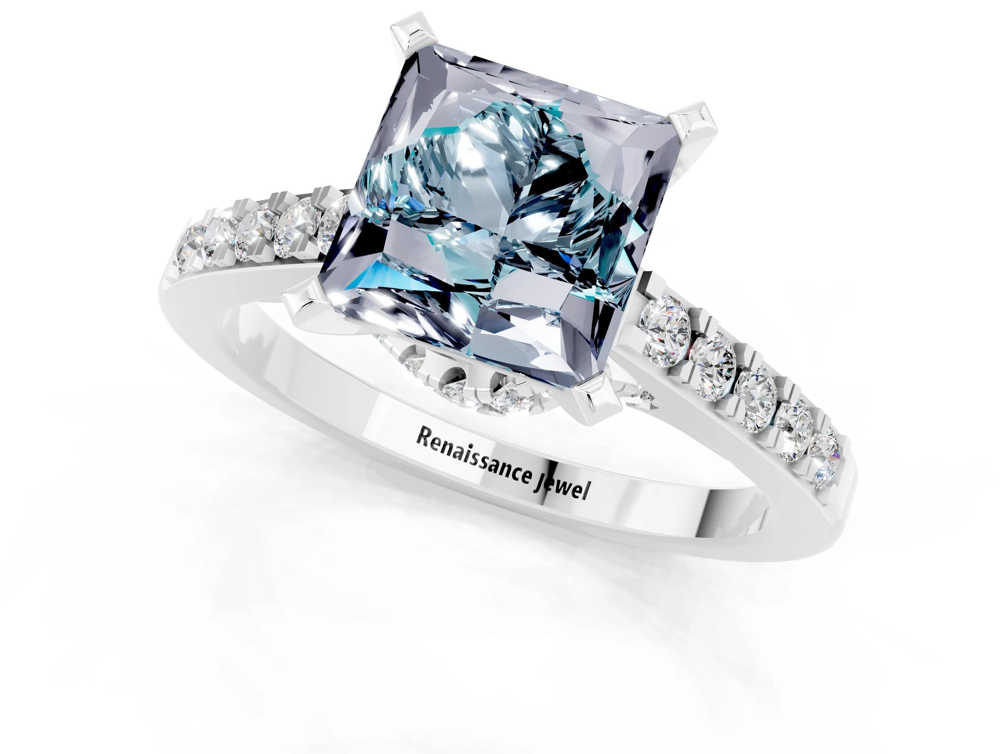 White gold Princess Cut Diamond Solitaire Ring with Pavé Band and Prong Setting_13