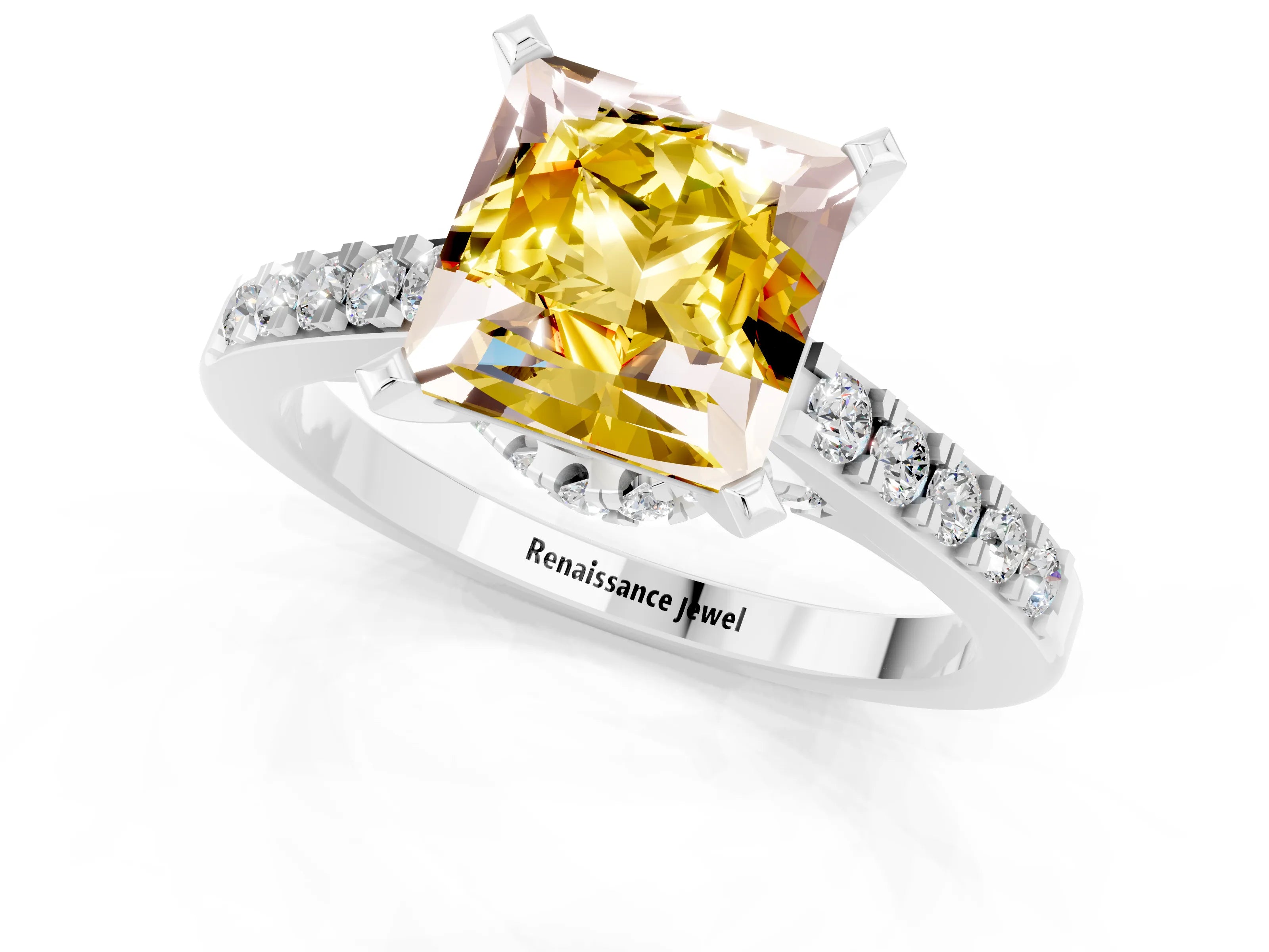 White gold Princess Cut Diamond Solitaire Ring with Pavé Band and Prong Setting_13