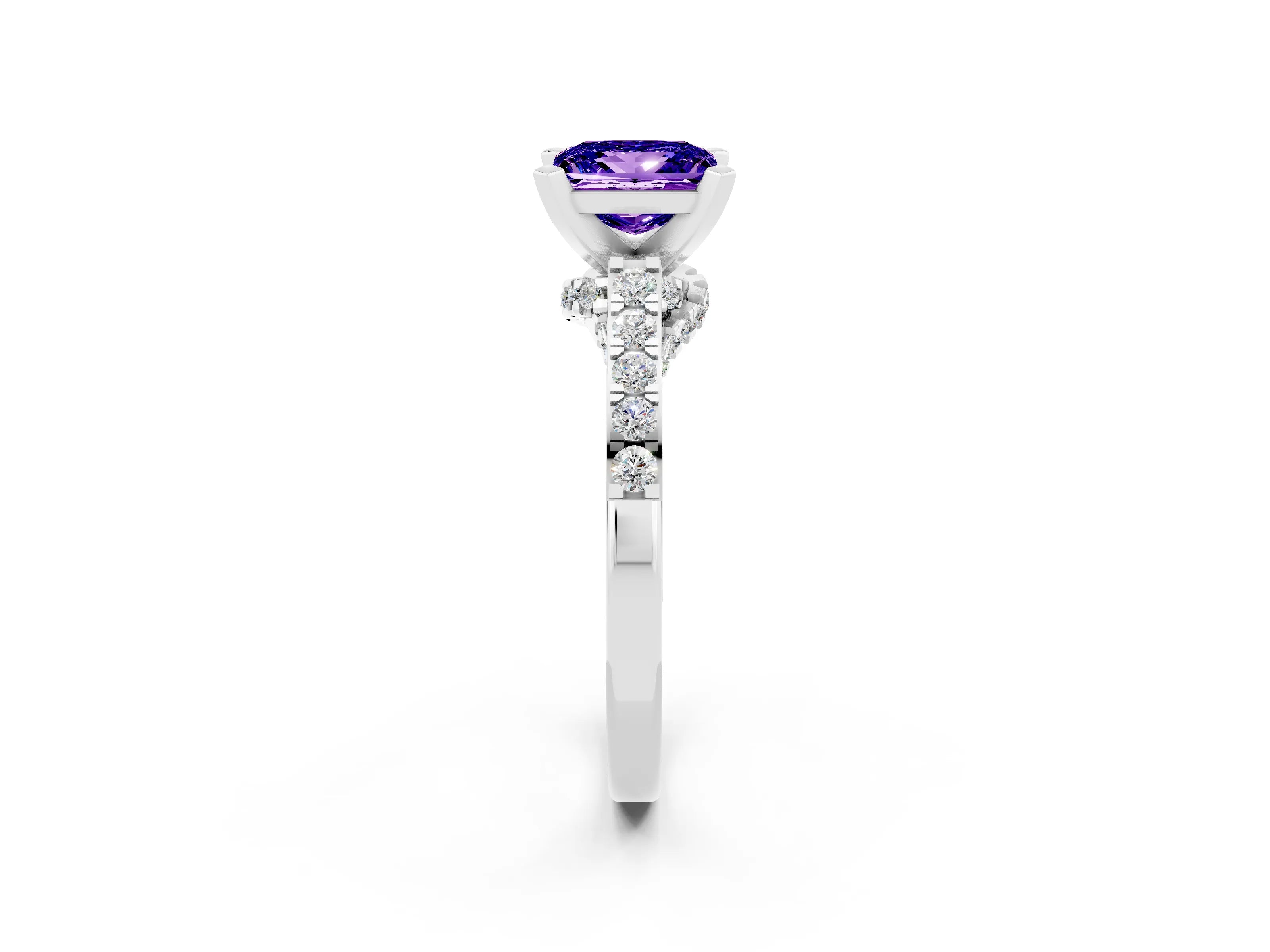 White gold Princess Cut Diamond Solitaire Ring with Pavé Band and Prong Setting_14