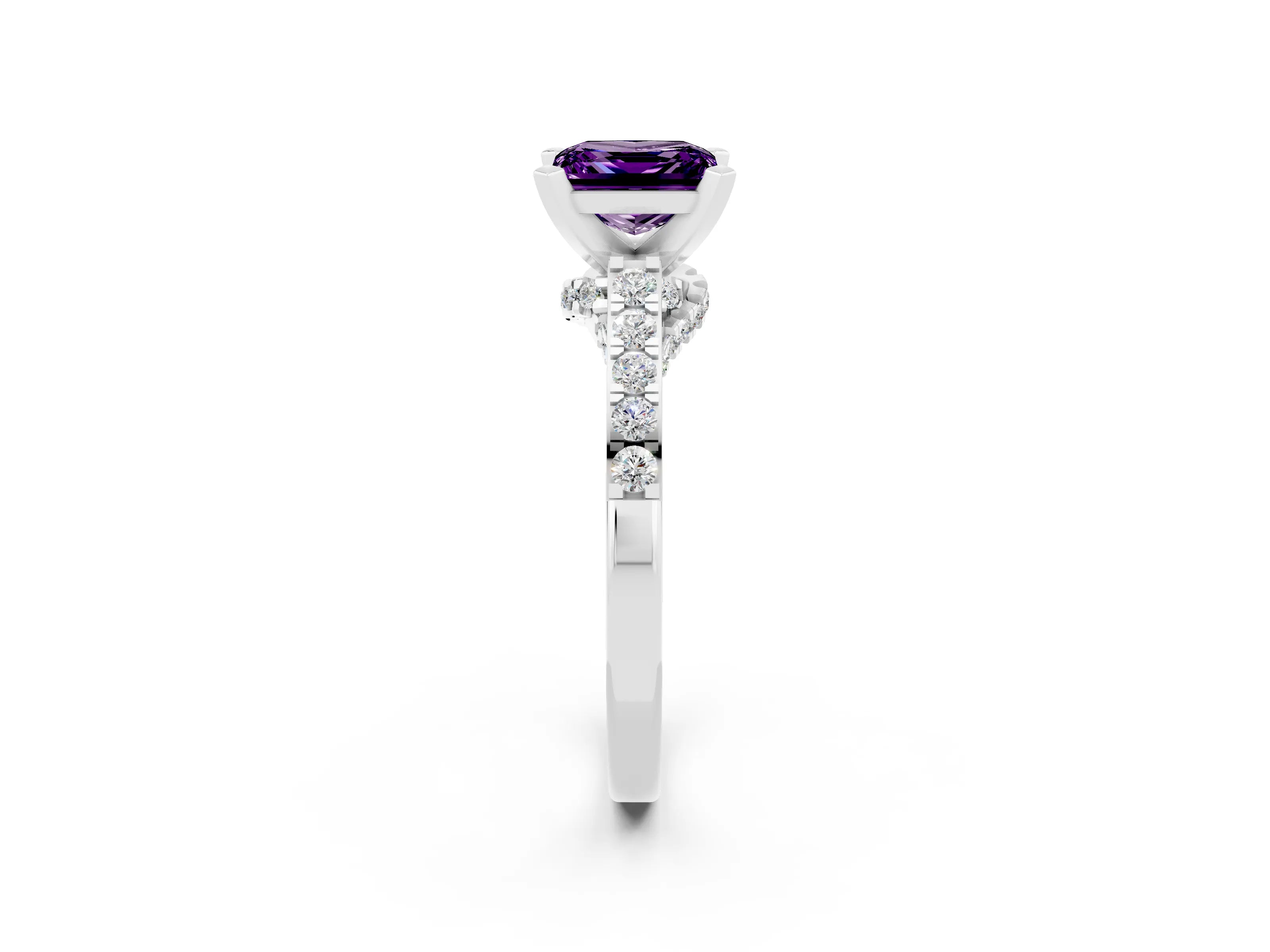 White gold Princess Cut Diamond Solitaire Ring with Pavé Band and Prong Setting_14