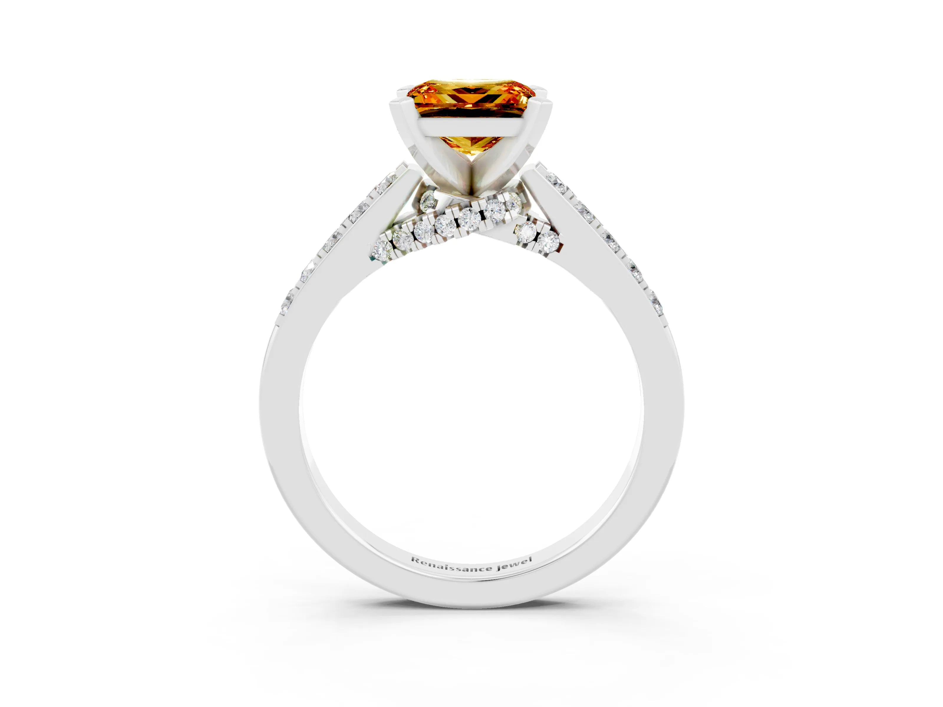 White gold Princess Cut Diamond Solitaire Ring with Pavé Band and Prong Setting_15