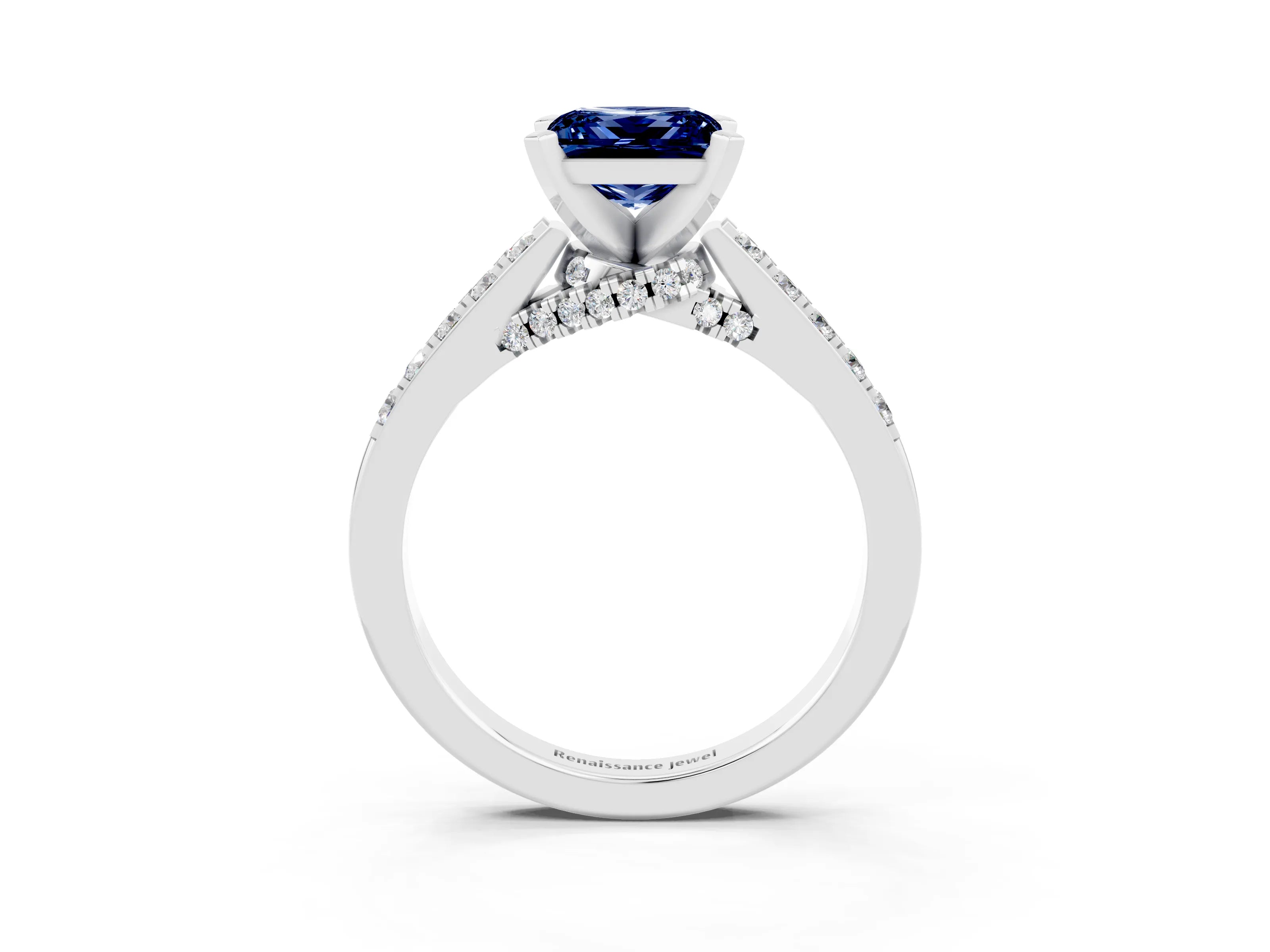 White gold Princess Cut Diamond Solitaire Ring with Pavé Band and Prong Setting_15