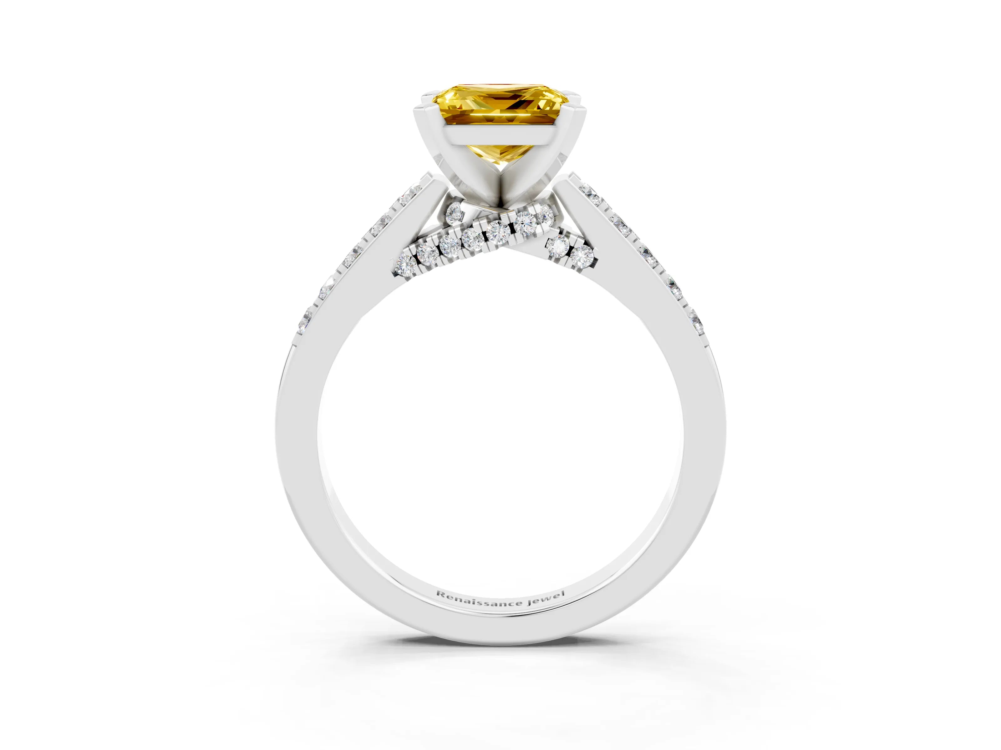 White gold Princess Cut Diamond Solitaire Ring with Pavé Band and Prong Setting_15