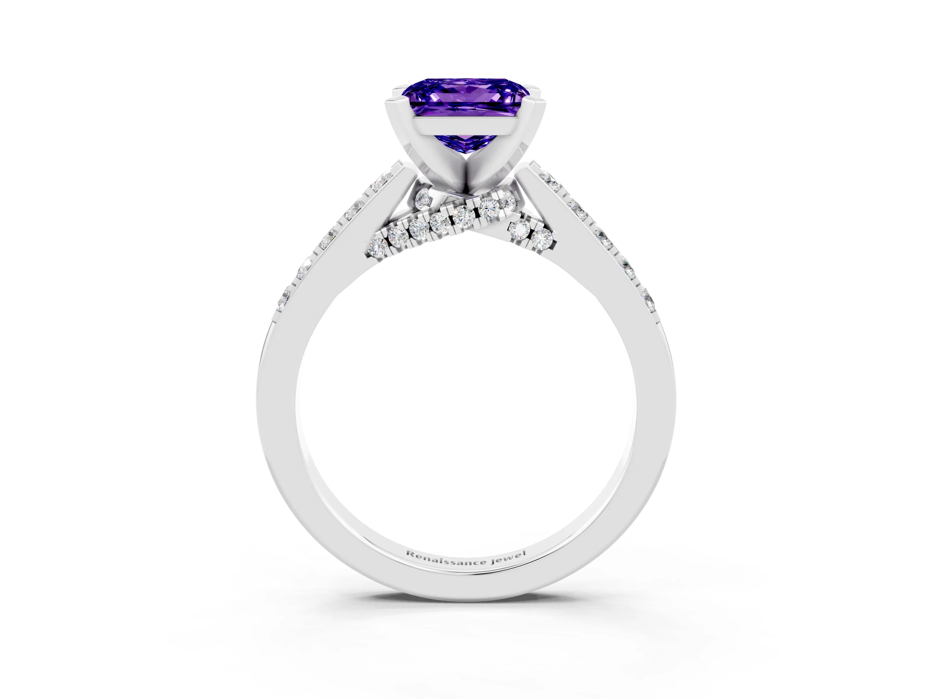 White gold Princess Cut Diamond Solitaire Ring with Pavé Band and Prong Setting_15