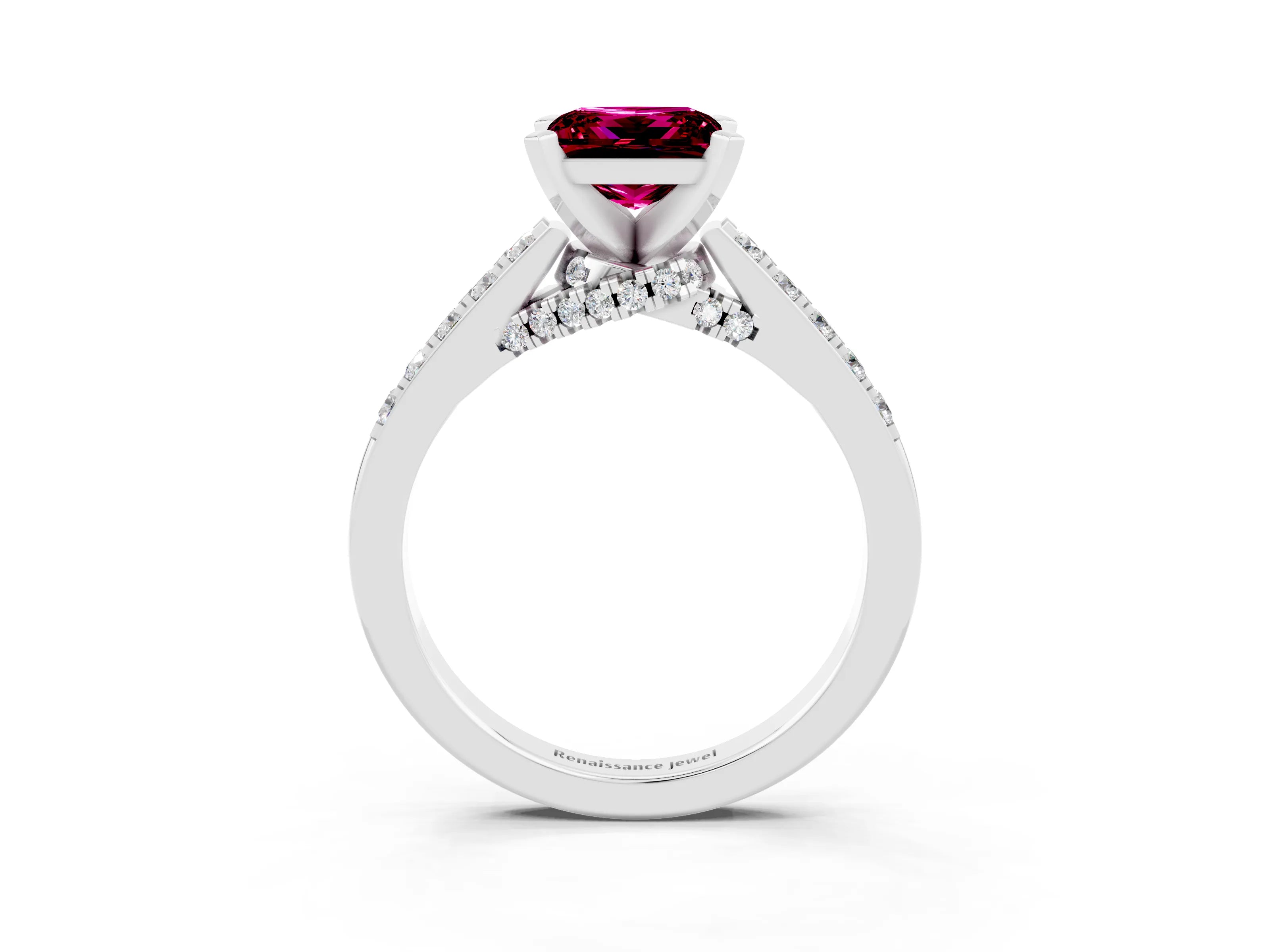 White gold Princess Cut Diamond Solitaire Ring with Pavé Band and Prong Setting_15
