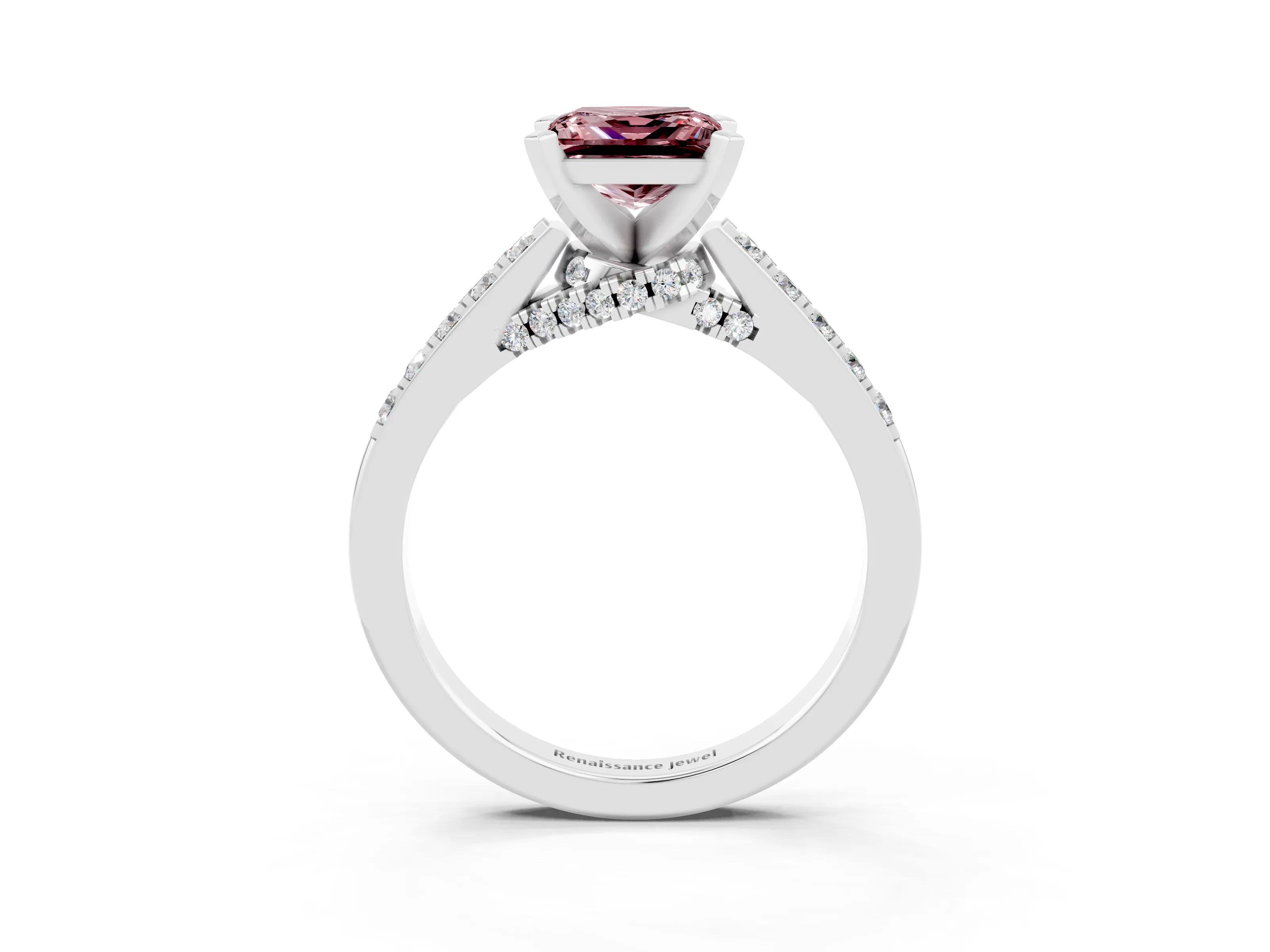 White gold Princess Cut Diamond Solitaire Ring with Pavé Band and Prong Setting_15