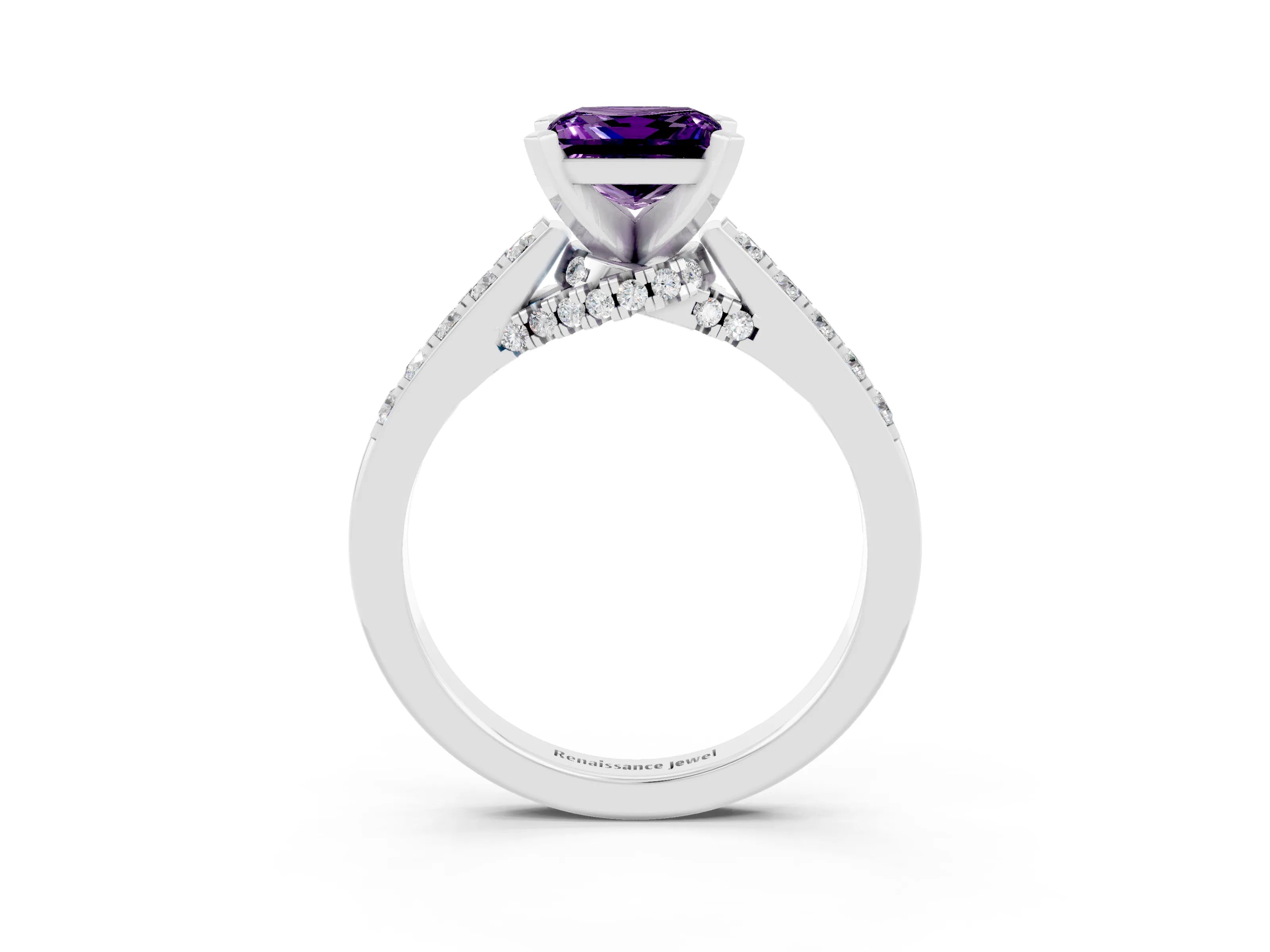 White gold Princess Cut Diamond Solitaire Ring with Pavé Band and Prong Setting_15