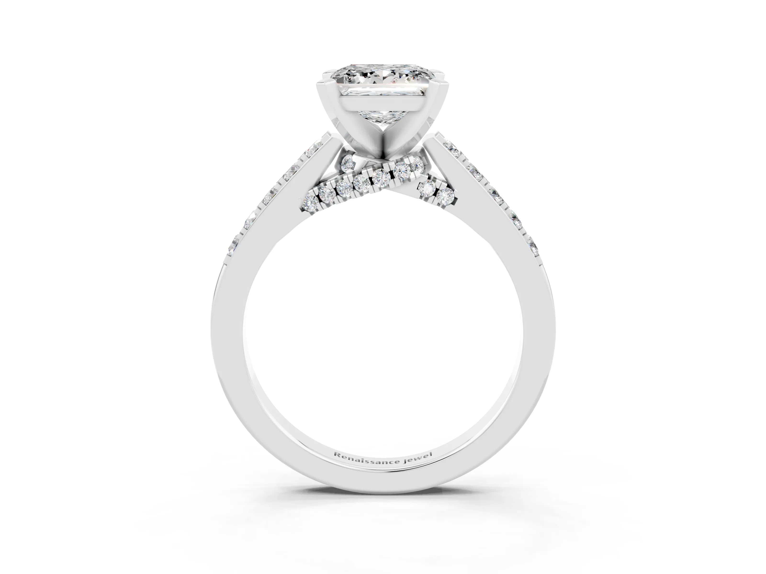 White gold Princess Cut Diamond Solitaire Ring with Pavé Band and Prong Setting_15