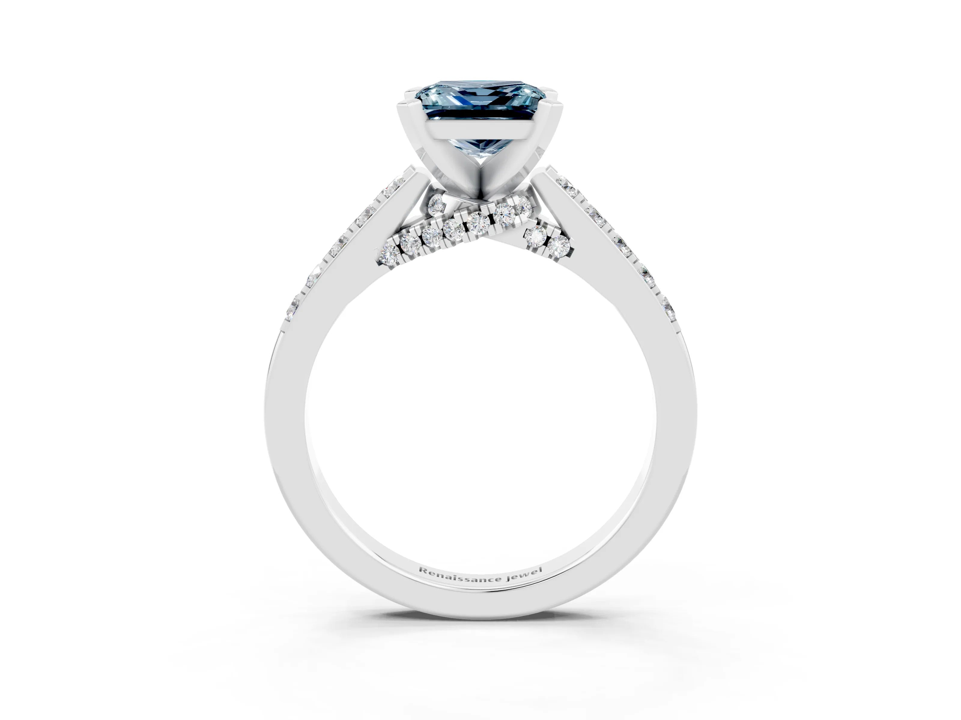 White gold Princess Cut Diamond Solitaire Ring with Pavé Band and Prong Setting_15