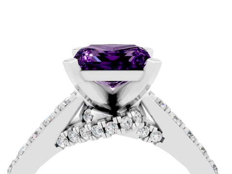 White gold Princess Cut Diamond Solitaire Ring with Pavé Band and Prong Setting_16