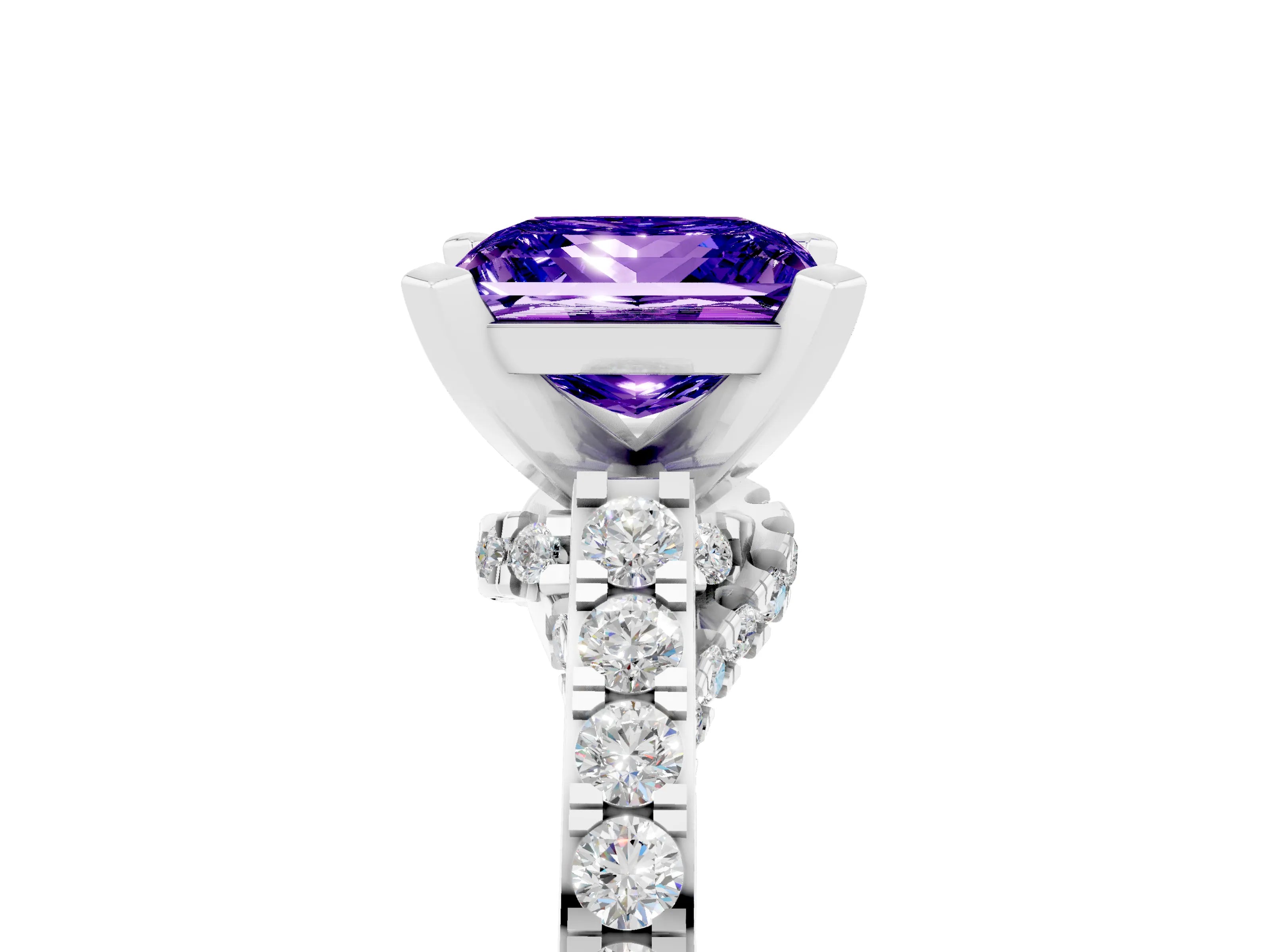 White gold Princess Cut Diamond Solitaire Ring with Pavé Band and Prong Setting_17