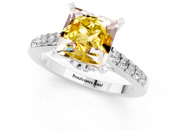 Platinum Princess Cut Diamond Solitaire Ring with Pavé Band and Prong Setting