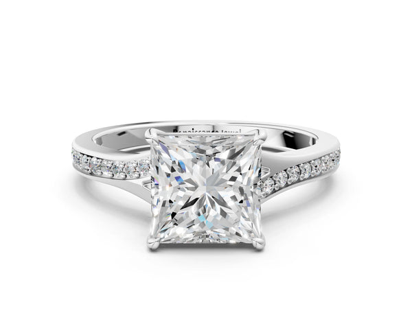 White gold Princess Cut Diamond Solitaire Ring with Pavé Band and Prong Setting