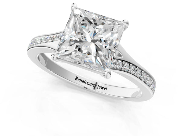White gold Princess Cut Diamond Solitaire Ring with Pavé Band and Prong Setting