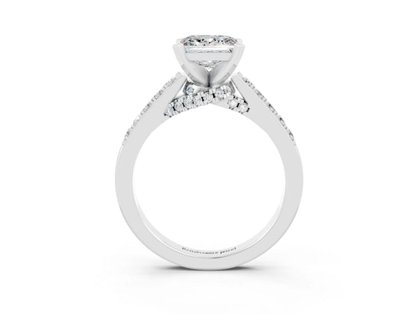 Platinum Princess Cut Diamond Solitaire Ring with Pavé Band and Prong Setting