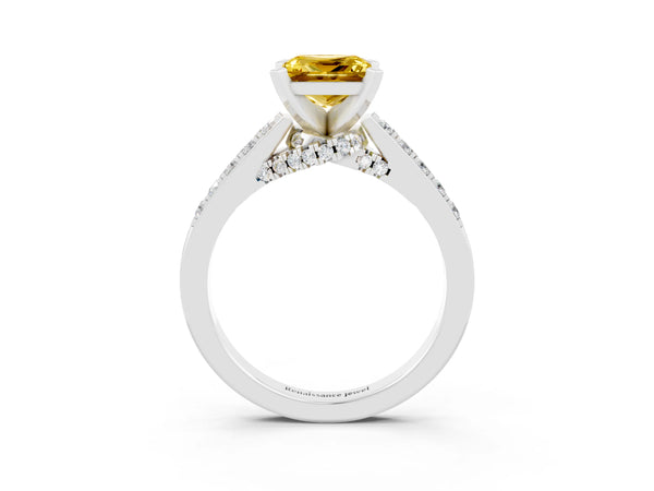 Silver Princess Cut Diamond Solitaire Ring with Pavé Band and Prong Setting