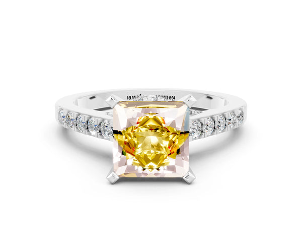 Platinum Princess Cut Diamond Solitaire Ring with Pavé Band and Prong Setting