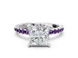 White gold Princess Cut Diamond Solitaire Ring with Round with Amethyst side stone Pavé Band and Four-Prong Setting