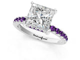 White gold Princess Cut Diamond Solitaire Ring with Round with Amethyst side stone Pavé Band and Four-Prong Setting_13