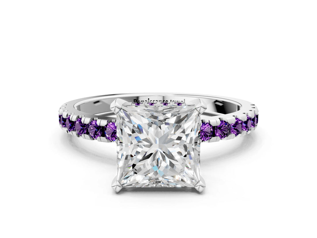 White gold Princess Cut Diamond Solitaire Ring with Round with Amethyst side stone Pavé Band and Four-Prong Setting