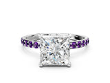 White gold Princess Cut Diamond Solitaire Ring with Round with Amethyst side stone Pavé Band and Prong Setting