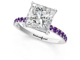 White gold Princess Cut Diamond Solitaire Ring with Round with Amethyst side stone Pavé Band and Prong Setting_1