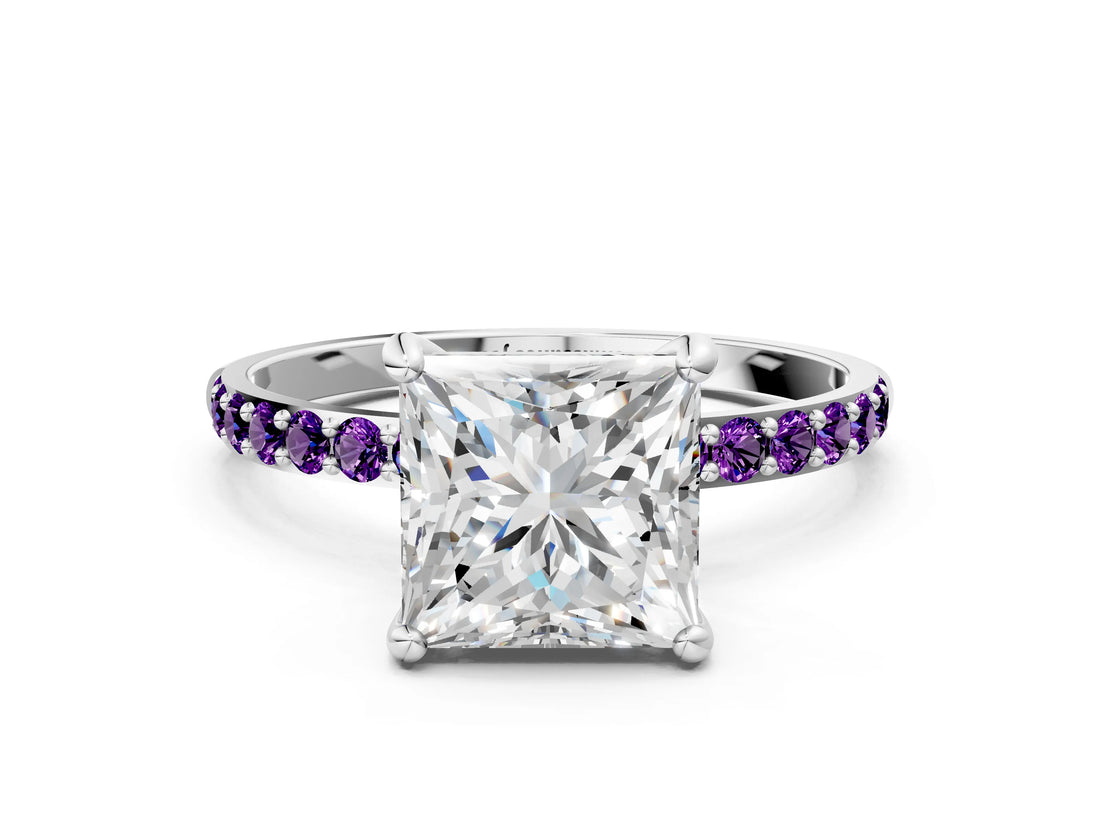White gold Princess Cut Diamond Solitaire Ring with Round with Amethyst side stone Pavé Band and Prong Setting