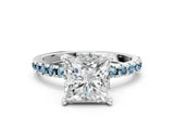 White gold Princess Cut Diamond Solitaire Ring with Round with Aquamarine side stone Pavé Band and Four-Prong Setting