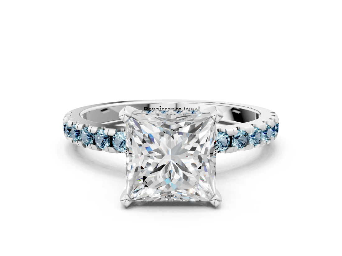 White gold Princess Cut Diamond Solitaire Ring with Round with Aquamarine side stone Pavé Band and Four-Prong Setting_12