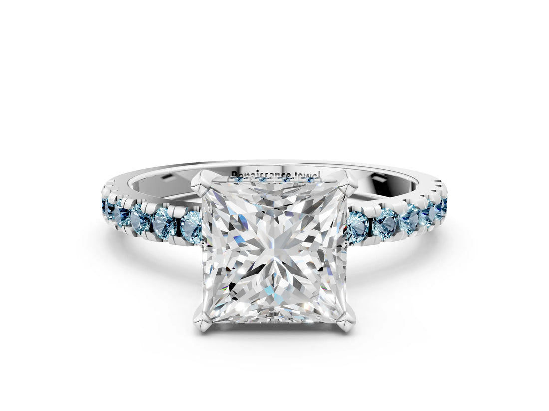 White gold Princess Cut Diamond Solitaire Ring with Round with Aquamarine side stone Pavé Band and Four-Prong Setting_36