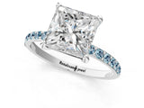 White gold Princess Cut Diamond Solitaire Ring with Round with Aquamarine side stone Pavé Band and Prong Setting_13