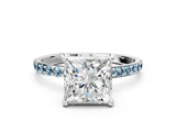 White gold Princess Cut Diamond Solitaire Ring with Round with Aquamarine side stone Pavé Band and Prong Setting_24