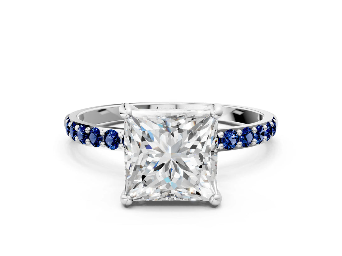 White gold Princess Cut Diamond Solitaire Ring with Round with Blue Sapphire side stone Pavé Band and Prong Setting_12