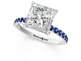 White gold Princess Cut Diamond Solitaire Ring with Round with Blue Sapphire side stone Pavé Band and Prong Setting_1