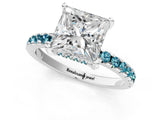 White gold Princess Cut Diamond Solitaire Ring with Round with Blue Topaz side stone Pavé Band and Four-Prong Setting_1