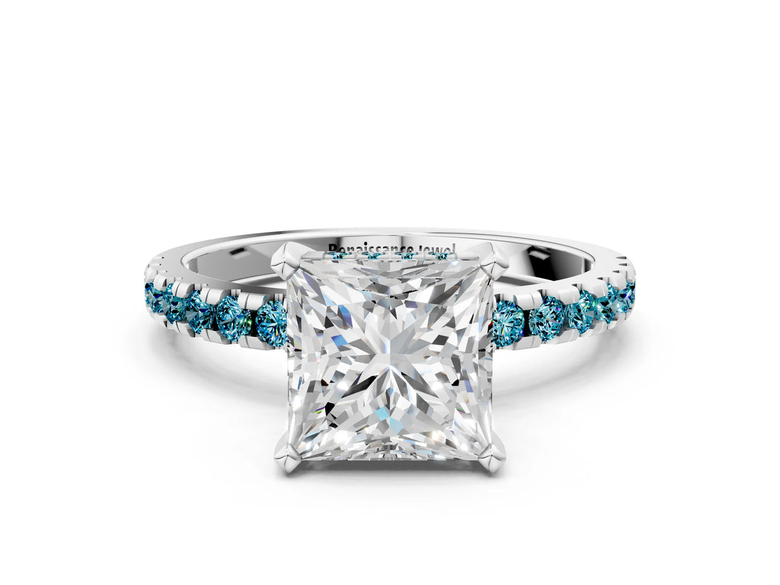 White gold Princess Cut Diamond Solitaire Ring with Round with Blue Topaz side stone Pavé Band and Four-Prong Setting_12