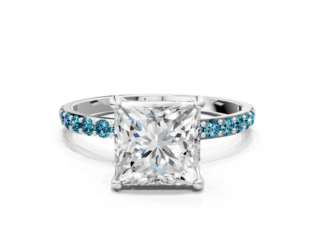 White gold Princess Cut Diamond Solitaire Ring with Round with Blue Topaz side stone Pavé Band and Prong Setting_36