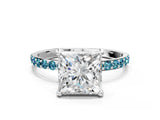 White gold Princess Cut Diamond Solitaire Ring with Round with Blue Topaz side stone Pavé Band and Prong Setting_48