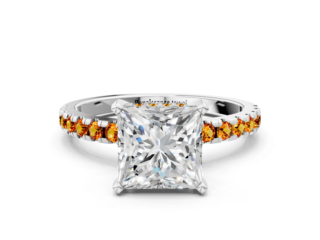 White gold Princess Cut Diamond Solitaire Ring with Round with Citrine side stone Pavé Band and Four-Prong Setting