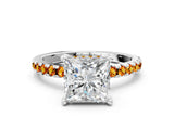 White gold Princess Cut Diamond Solitaire Ring with Round with Citrine side stone Pavé Band and Four-Prong Setting_12