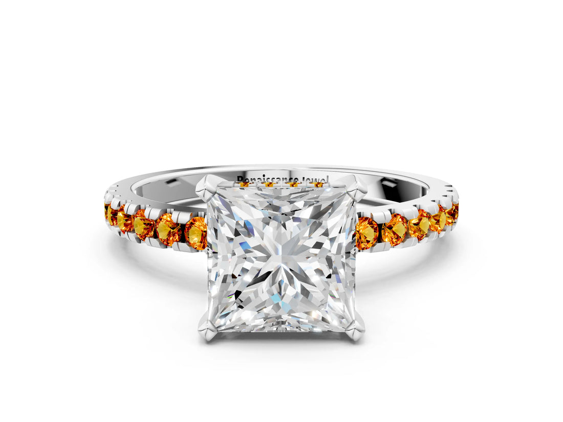 White gold Princess Cut Diamond Solitaire Ring with Round with Citrine side stone Pavé Band and Four-Prong Setting_36