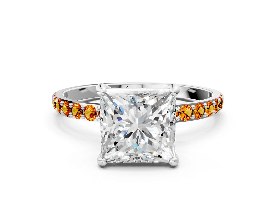 White gold Princess Cut Diamond Solitaire Ring with Round with Citrine side stone Pavé Band and Prong Setting