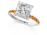 White gold Princess Cut Diamond Solitaire Ring with Round with Citrine side stone Pavé Band and Prong Setting_13