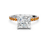 White gold Princess Cut Diamond Solitaire Ring with Round with Citrine side stone Pavé Band and Prong Setting