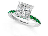 White gold Princess Cut Diamond Solitaire Ring with Round with Emerald side stone Pavé Band and Four-Prong Setting_1