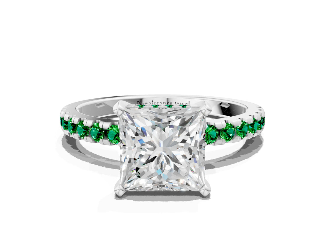 White gold Princess Cut Diamond Solitaire Ring with Round with Emerald side stone Pavé Band and Four-Prong Setting_12