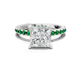 White gold Princess Cut Diamond Solitaire Ring with Round with Emerald side stone Pavé Band and Four-Prong Setting_12