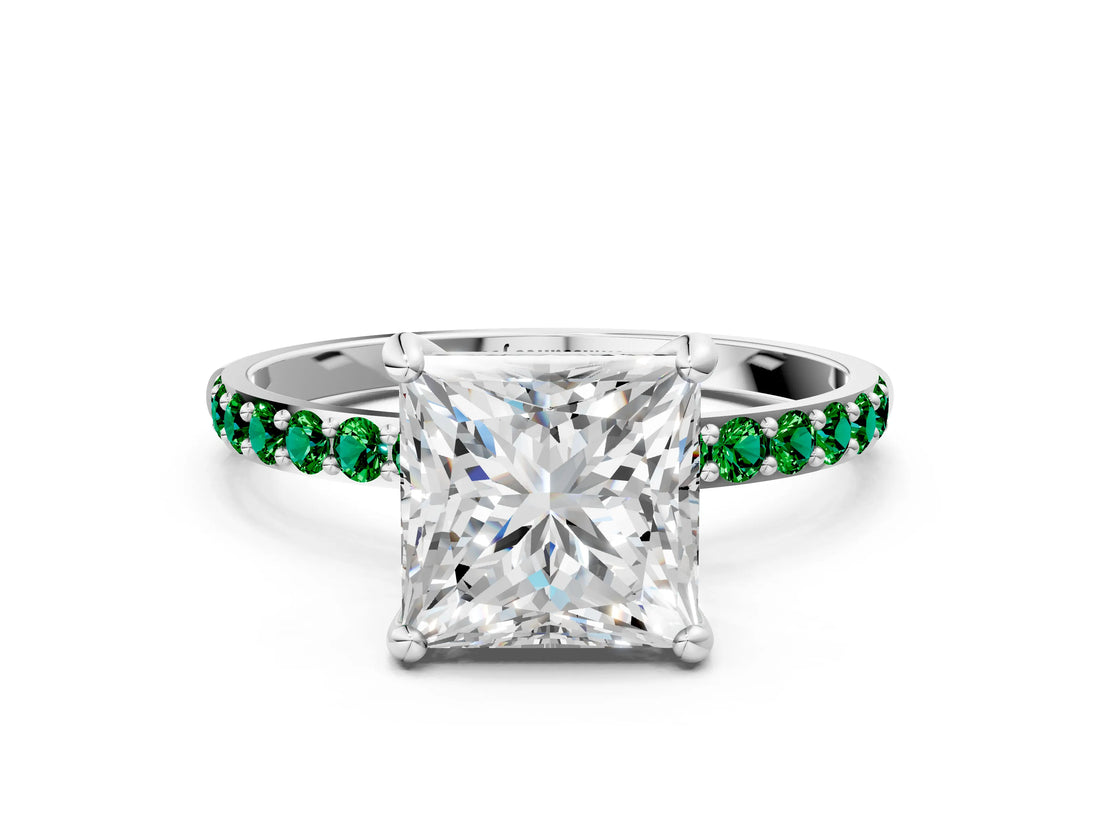 White gold Princess Cut Diamond Solitaire Ring with Round with Emerald side stone Pavé Band and Prong Setting_12